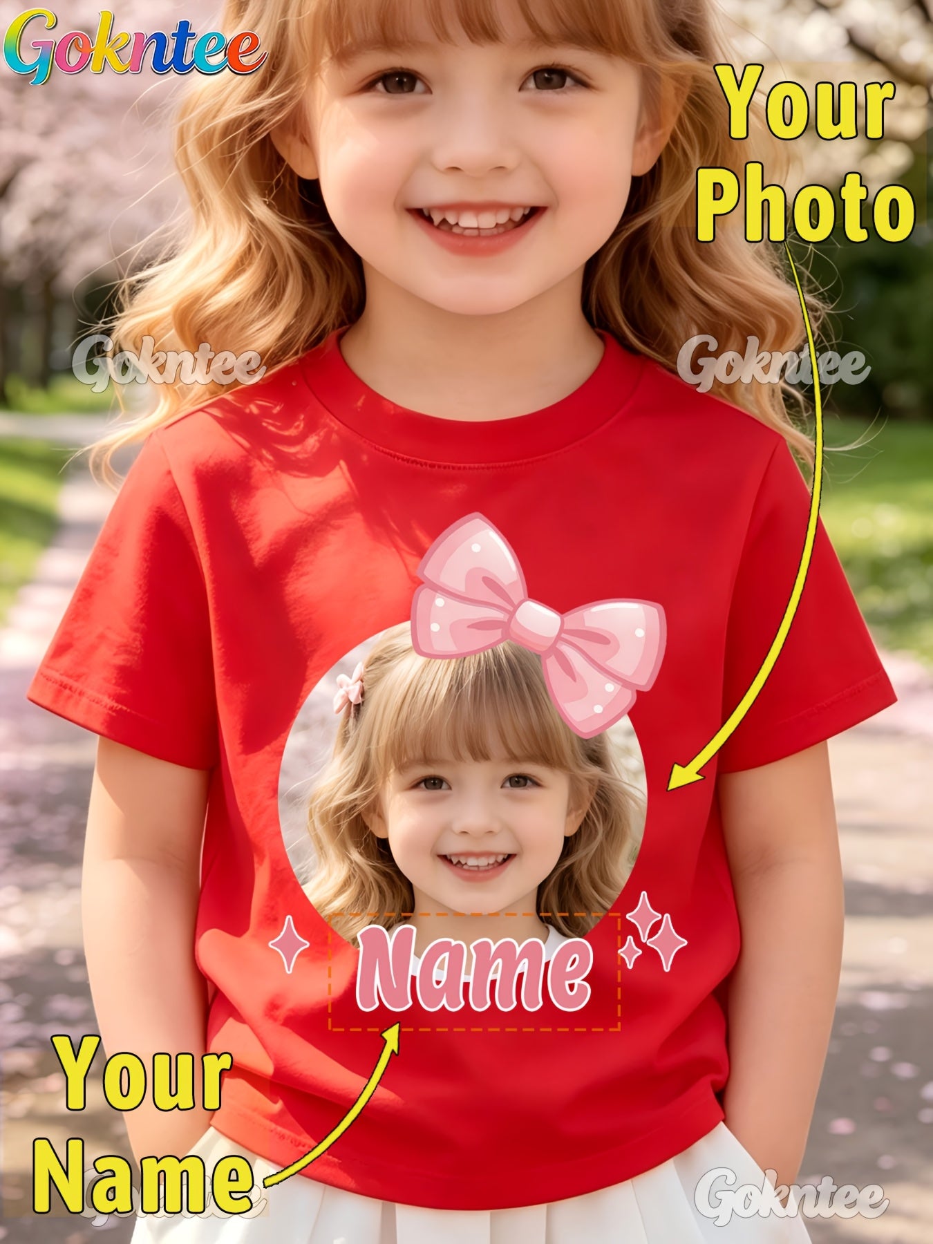 Girls' Personalized Cartoon T-Shirt with Pink Bow, Crew Neck