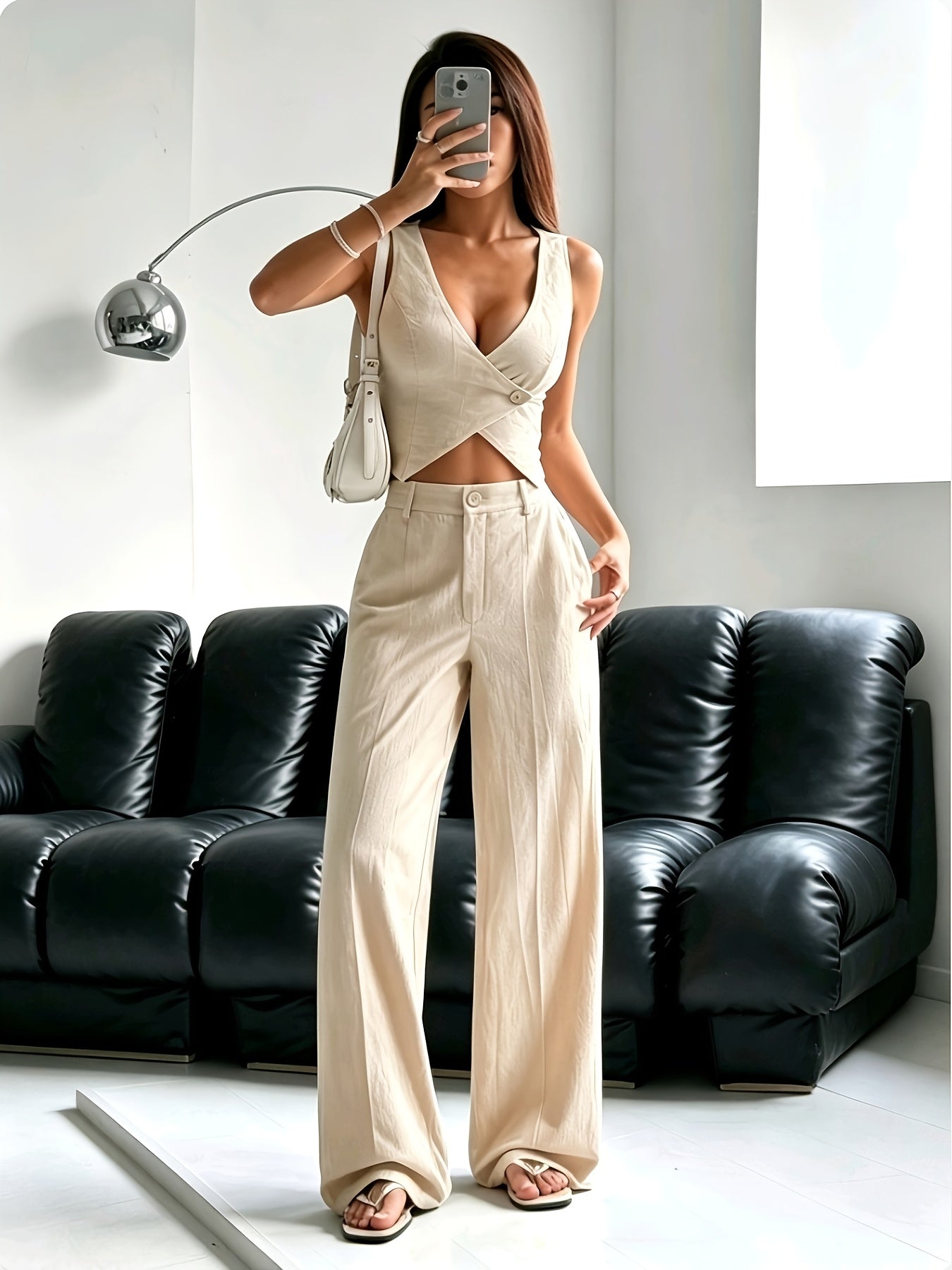 Women's Elegant Sleeveless V-Neck Cropped Vest & Pants Set