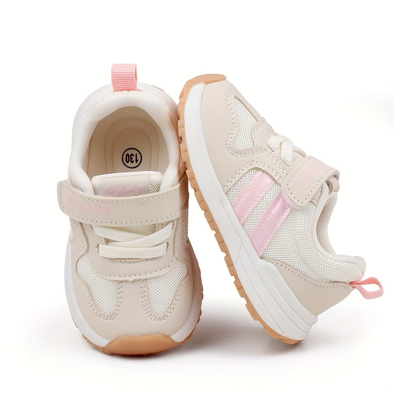 [1pc Unisex Toddler Sports Sneakers] Toddler Sports Sneakers, Unisex Preppy Casual Running Shoes, Striped Low Top Fabric & PU Upper, Breathable Mesh, Soft TPR Sole, with Adjustable Strap Closure, for Spring/Summer, All-Season