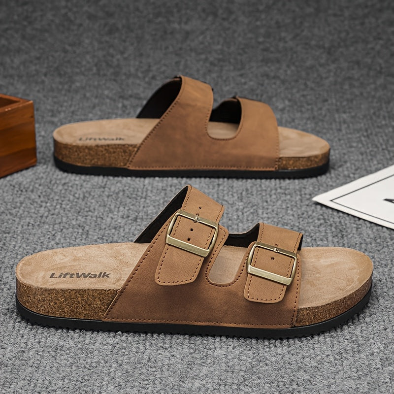 Men's Casual Outdoor Slip-On Sandals with Cork Sole and Double Buckles