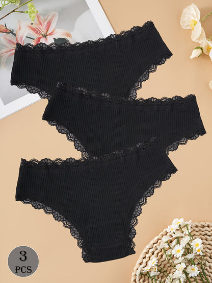 3-Pack Dark Cotton Women's Briefs with Lace Trim and Bow