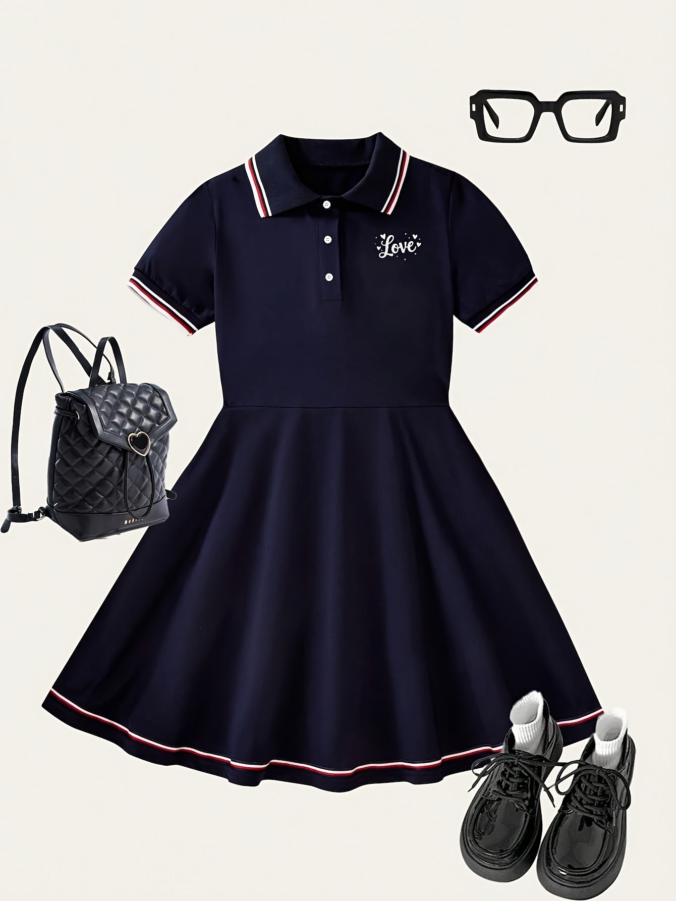 Girls' Preppy A-Line Dress with Button Front, Spring Summer