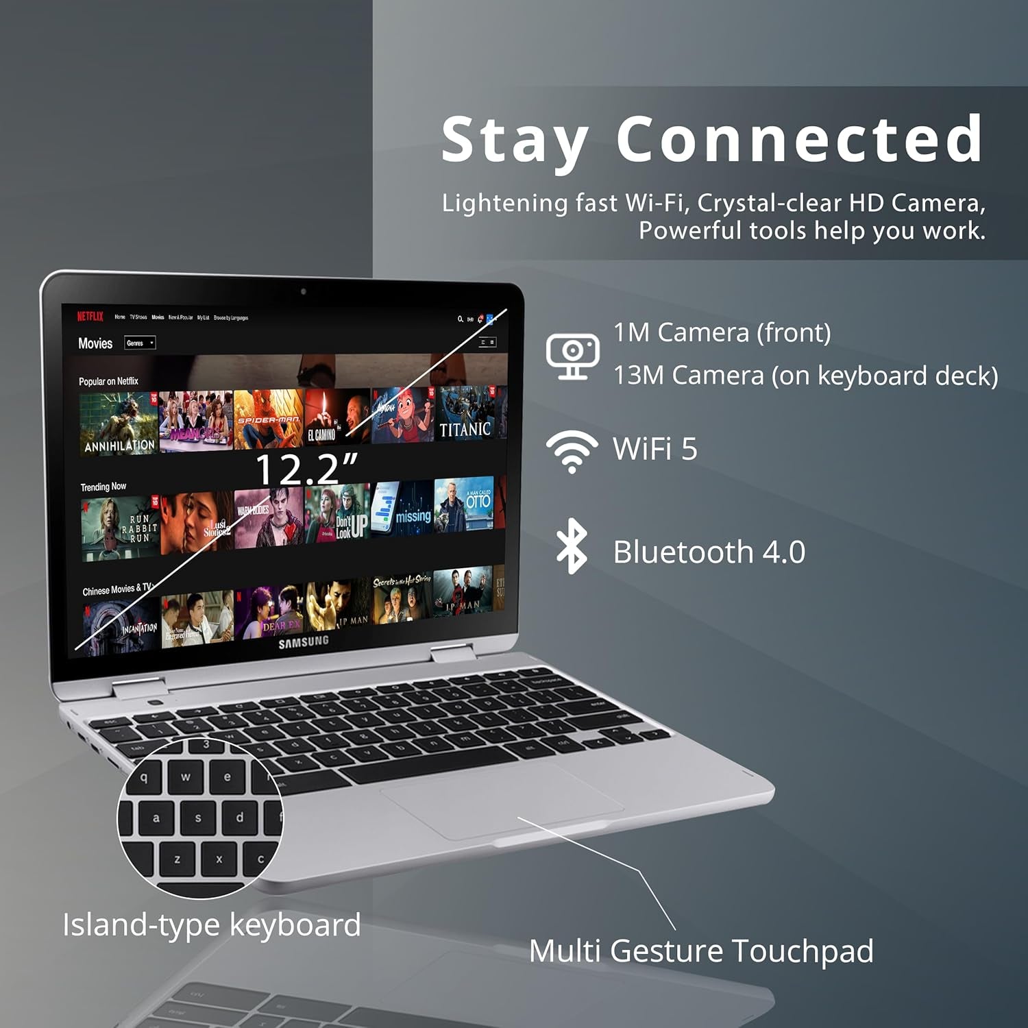 Samsung Chromebook plus V2 2-In-1 12.2" WUXGA LED Touchscreen Laptop, Intel Celeron 3965Y, 4GB RAM, 64GB Emmc, 2 Cameras, Stylus Pen, Island-Type KB, Wi-Fi 5, Chrome OS, Silver, 32GB USB Card
