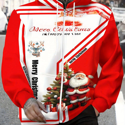 Men's Christmas Zip Hooded Sweatshirt with Santa & Tree 3D Print - Full-Zip Front Jacket, Loose Fit Winter Sweater for Holiday Travel & Casual Wear, Machine Washable Coat for Gifts and Party Outfits