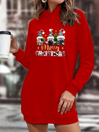 Women's Christmas Gnome Print Hooded Sweatshirt Dress - Soft Slim Fit Sweater Dress with Holiday Cheer Gnome Patterns, All-Season Casual Dress for Christmas Party Outfits (Machine Washable)