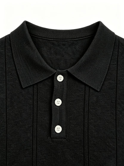 Men's Slim Fit Vertical Stripe Knit Polo Shirt with Lapel Collar
