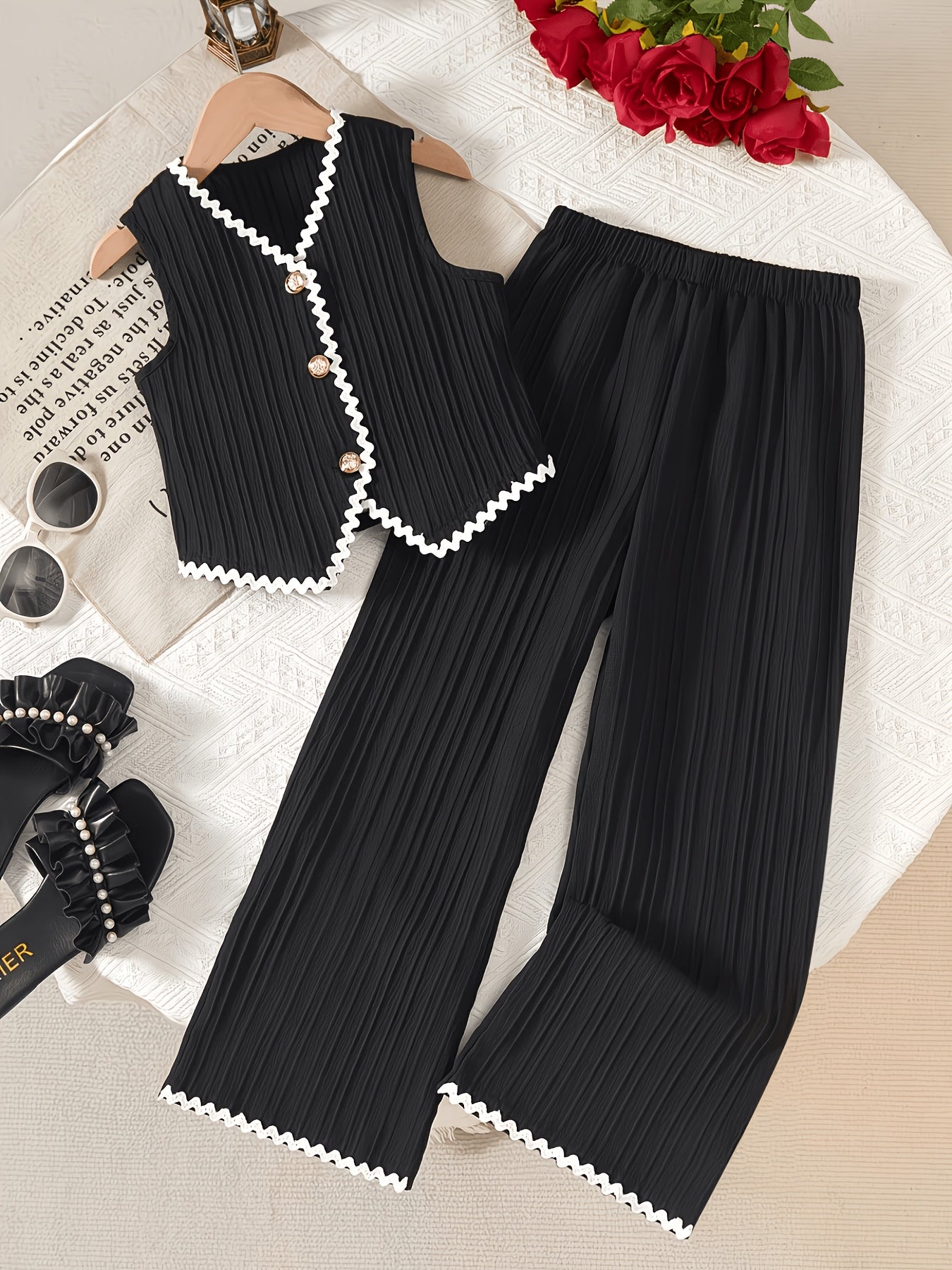 Girls' Sleeveless Color-Block Pleated Vest & Wide-Leg Pants Set