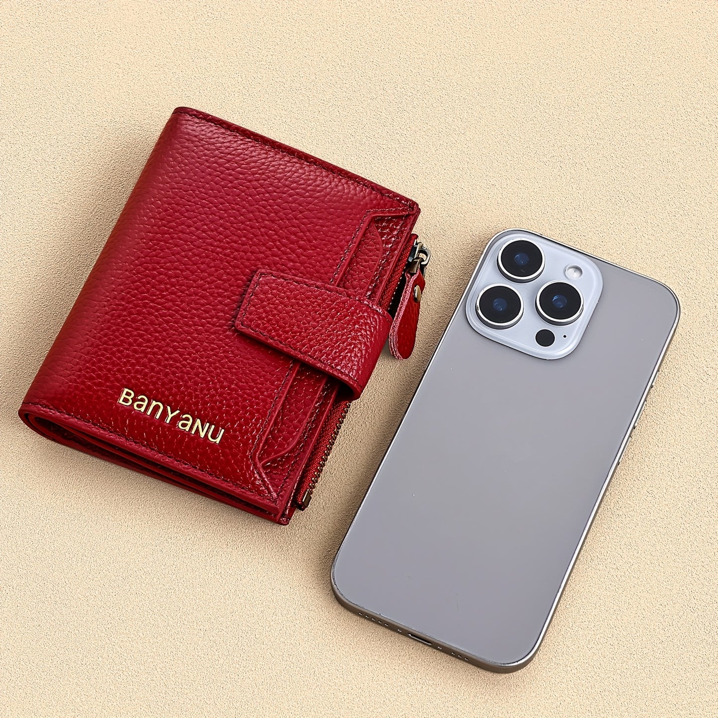 BANYANU Women'S Genuine Faux Leather Wallet - Red Lychee Grain Texture, Multi-Card Slots, Zippered Coin Pocket, Detachable ID Window, Compact Design for Everyday Use, Secure Coin Storage | Stylish Wallet | Synthetic