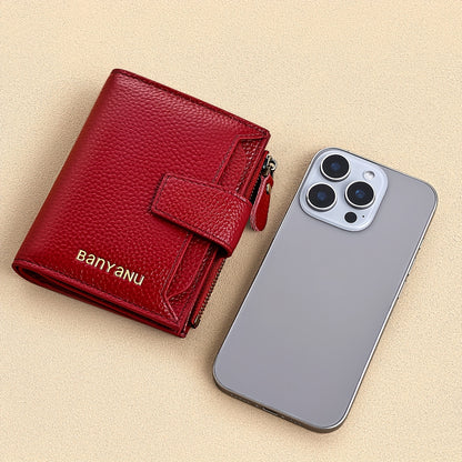 BANYANU Women'S Genuine Faux Leather Wallet - Red Lychee Grain Texture, Multi-Card Slots, Zippered Coin Pocket, Detachable ID Window, Compact Design for Everyday Use, Secure Coin Storage | Stylish Wallet | Synthetic