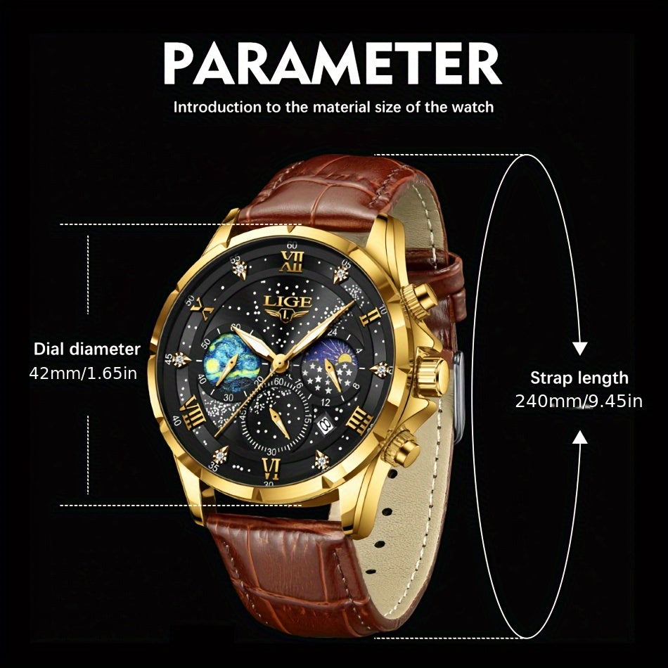 LIGE Luxury Quartz Chronograph Watch with Luminous Hands - Elegant Round Alloy Case, Blue Dial with Roman Numerals, Starry Night Design, Button Battery, Faux Leather Strap, Stylish Accessory|Starry Night Design|Luminous Hands