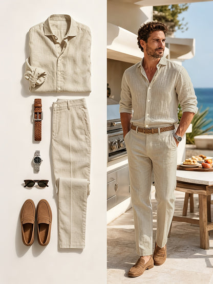 Men's White Linen Casual 2-Piece Set for Summer & Beach