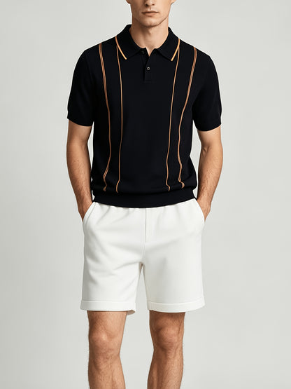 Men's Contrast Knit Polo & Loose Waist Shorts Set, Casual Fit