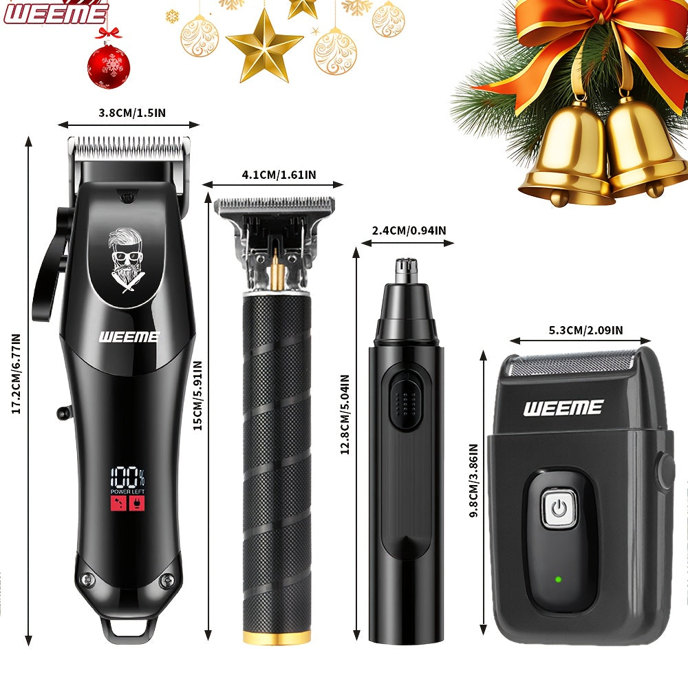 WEEME 4pcs Professional Hair Clipper Set for Men, Cordless Barber Clippers and Trimmer Kit, Electric Beard Trimmer and Nose Trimmer, Foil Shaver Men's Grooming Tool Kit, Christmas Gifts for Him (Black) - ayq
