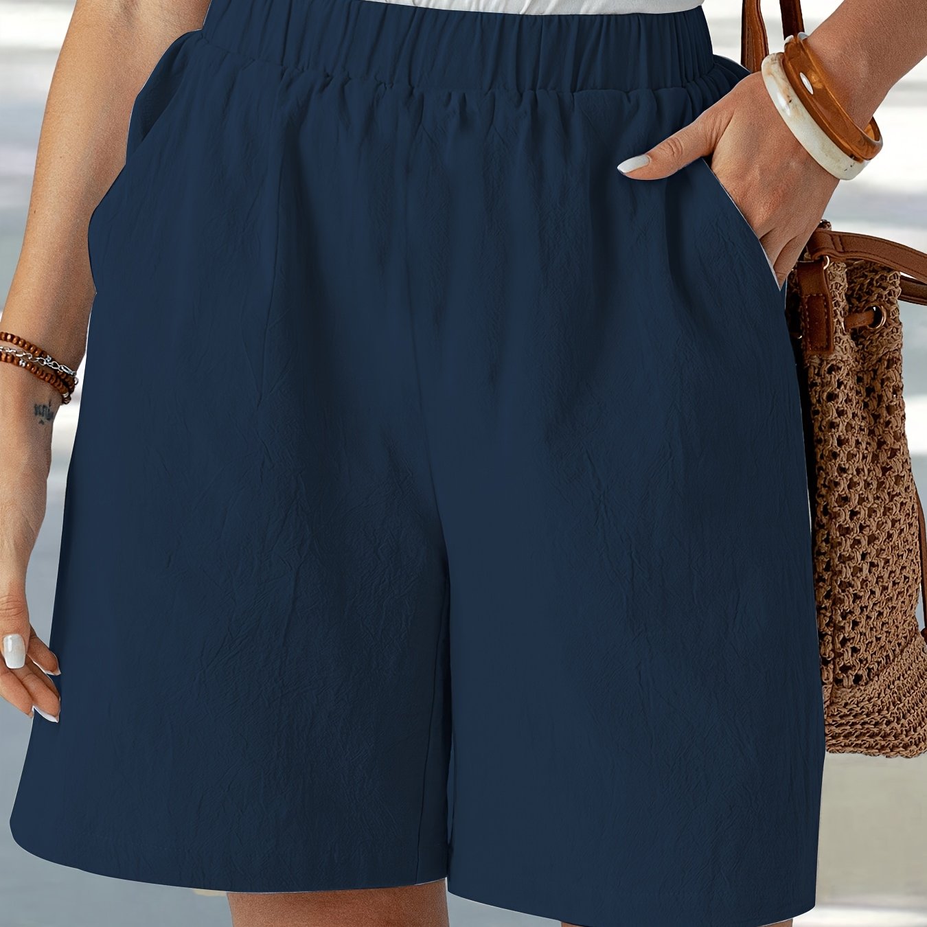 Women'S Elegant Solid Color Casual Comfort Shorts, 95% Polyester 5% Elastane, Summer Woven Fabric, 120g/m², Loose Fit - Navy Blue