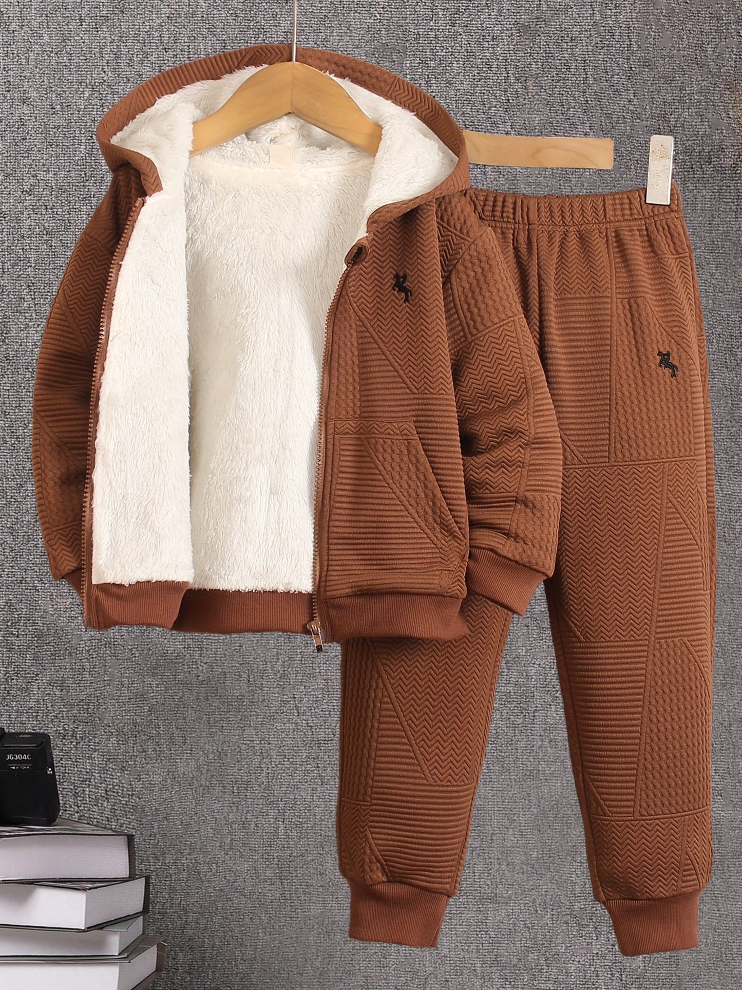 Cozy Fleece Zip-Up Hoodie & Pants Set - Beige Geometric Pattern, Long Sleeve Casual Winter Outfit with Pockets, Elastic Waistband, and Button-Up Front, Perfect for Fall/Winter, Cozy Clothing | Playful Design | Elastic Waistba