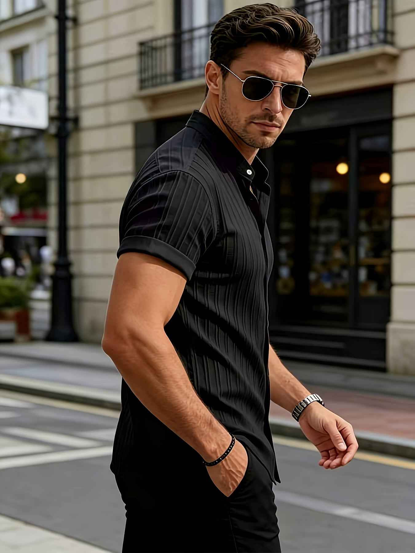 Men's Casual Athletic Short Sleeve Shirt with Stand Collar
