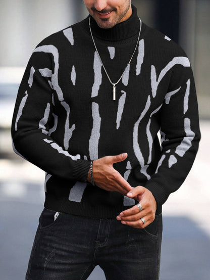 Men's Zebra Stripe Knit Sweater - High Neck Winter Pullover with Zebra Stripes, Warm Casual Sweaters for Weather, Hand Washable Fall/Winter Wardrobe Essential (Regular Fit)