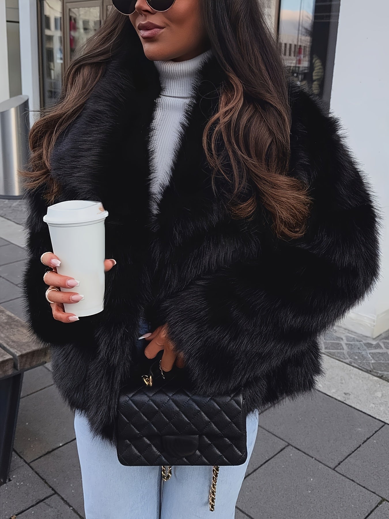 Women's Elegant Luxury Faux Fur Coat - Winter Warm Solid Black Outerwear with Plush Fur Collar, Machine Washable Winter Coat for Fall & Winter, Casual to Formal Events, Faux Fur Jacket for Women, Chic and Sophisticated Design