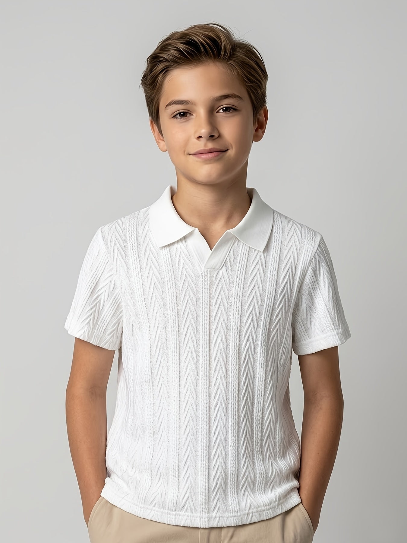 Boys' Summer V-Neck Casual Knit Polo Shirt, Solid Color