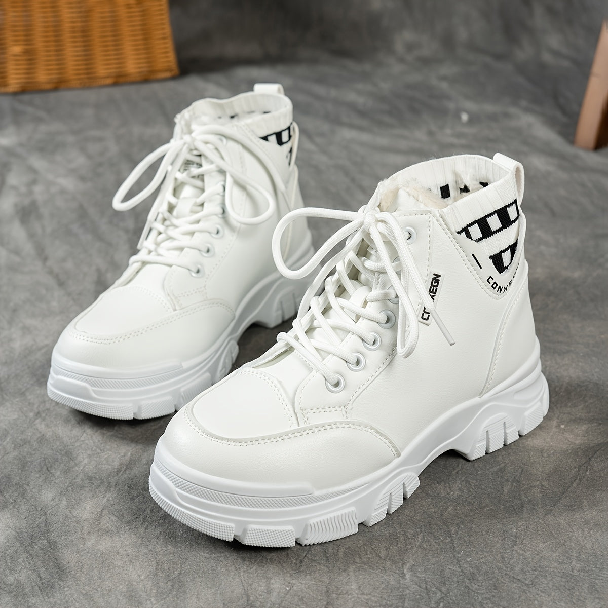 gfhfgjjfg Women's Casual High-Top Platform Ankle Boots with Lace-Up Closure, Thick Rubber Sole & Faux Cover Upper - Winter Warm Round Toe Boots for Casual Attire (Black/White/Beige), Comfortable Footwear, Durable Traction Foo