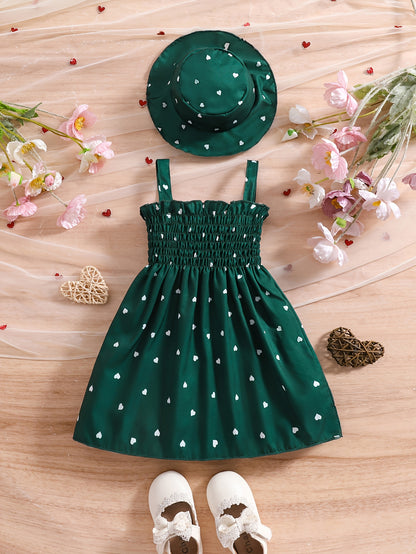 Girls' Sleeveless Heart-Print Dress & Hat Set for Summer 0-3 Years