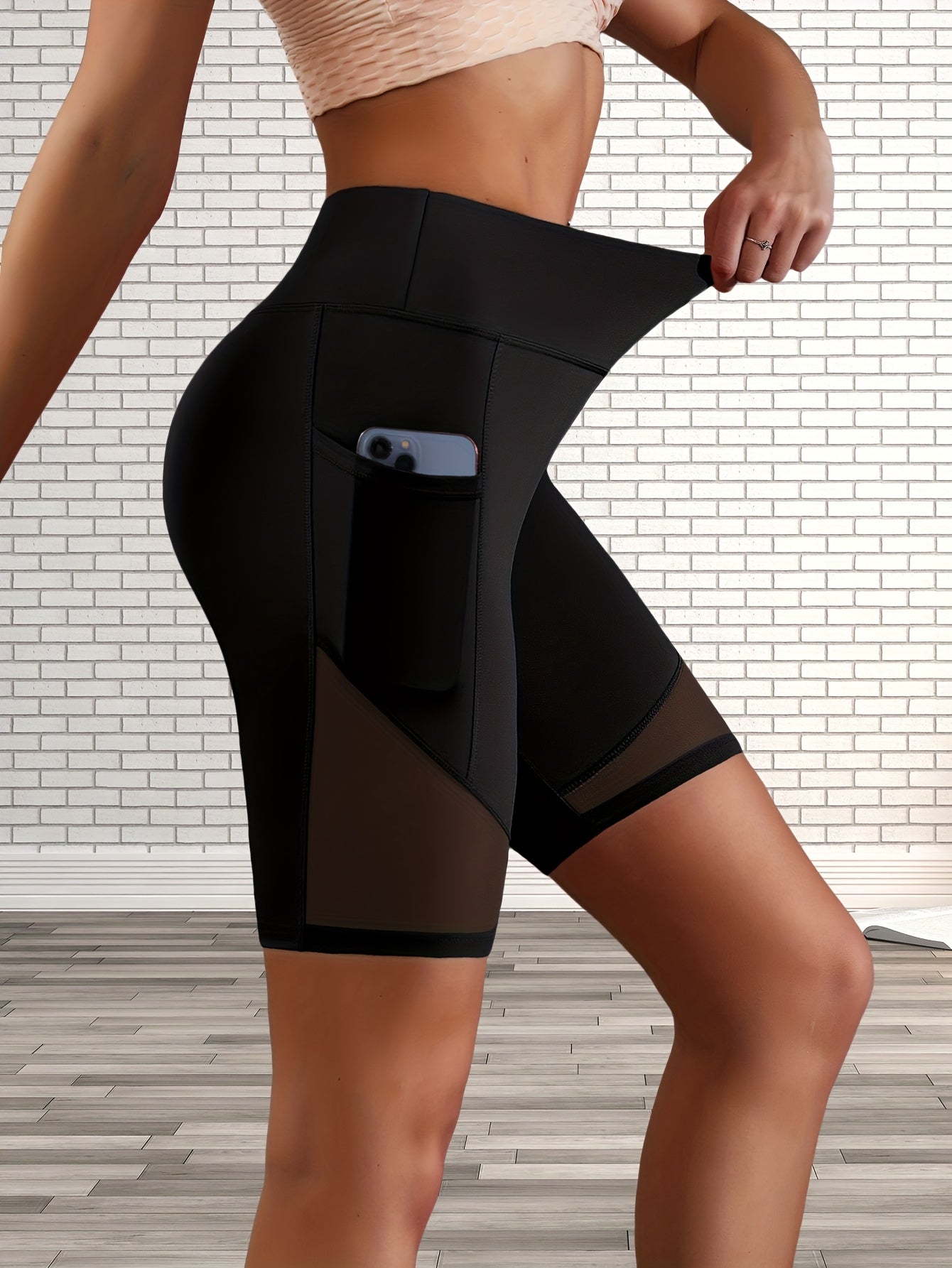 High Waist Mesh Contrast Yoga Short With Pocket, High Waist Stretch Running Biker Shorts, Women's Activewear