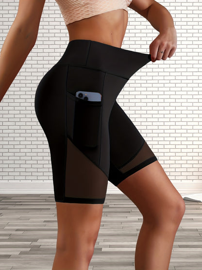 High Waist Mesh Contrast Yoga Short With Pocket, High Waist Stretch Running Biker Shorts, Women's Activewear