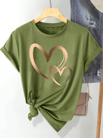 Chic Love Series Gradient Double Heart Graphic Tee for Women - Casual Retro Style, Round Neck Short Sleeve, Breathable Polyester, Machine Washable, in Black with Golden & White Hearts, Sizes S-XXL