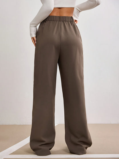 Elegant Solid Color Button-Wide Leg Suit Pants for Women, Polyester, Machine Washable