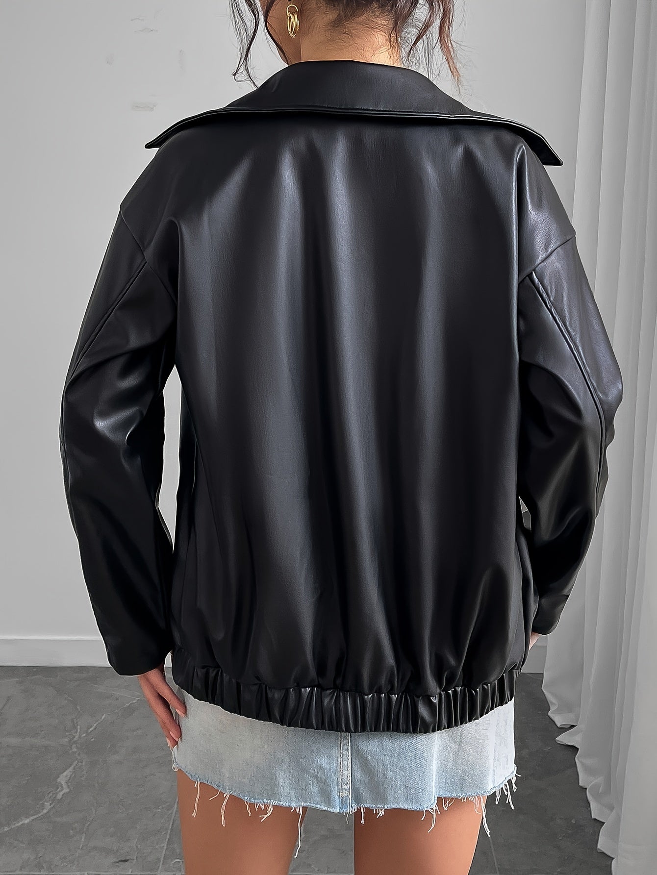 Կանացի ոճային սև բաճկոն՝ գարնանային/աշնանային ամենօրյա կայծակաճարմանդով, օձիքով, երկար թևքերով և կողային գրպաններով