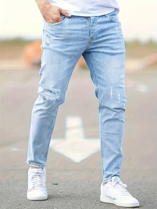 Men's Slim Fit Stretch Denim Jeans - Casual, Breathable & Machine Washable with Ripped Detail