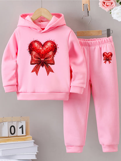 Girls' Autumn and Winter Thickened Hoodie Sports Two-Piece Set, Red Heart Bow Print Hoodie + Pants Outfit, Soft Light Beige-Friendly Fabric, Comfortable Warm Non-Shedding, Suitable for Outdoor Play, School, Holiday Gatherings