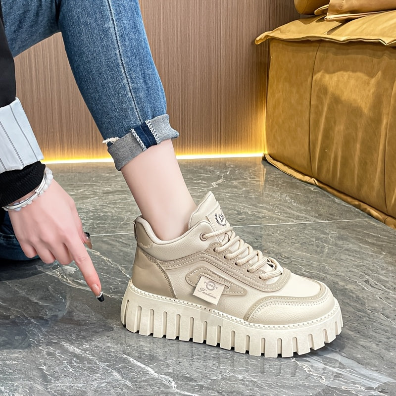 1 Pair Women'S Fashion Mid-Top Casual Sneakers, PU Upper, Fabric Lining, Rubber Sole, and EVA Insole, Lace-Up Design, with All-Season Versatile Athletic Shoes