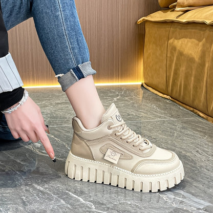 1 Pair Women'S Fashion Mid-Top Casual Sneakers, PU Upper, Fabric Lining, Rubber Sole, and EVA Insole, Lace-Up Design, with All-Season Versatile Athletic Shoes