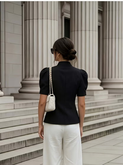 Elegant Women's Solid Color Puff Sleeve Short Jacket - ayq