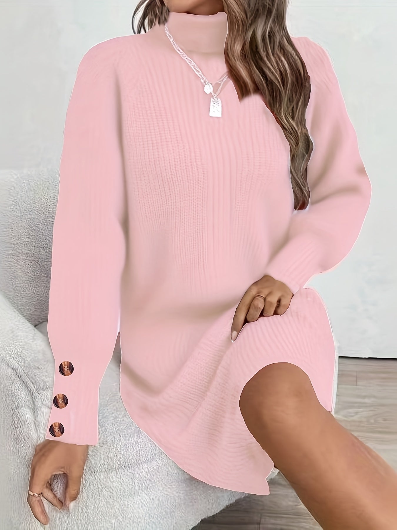 Women's Dark Green (Navy/Turquoise-Free) Sweater Dress - High Neck Collar & Single-Breasted Button Front, A-Line Silhouette Long Sleeve Coat Dress for Winter,, Office, Semi-Formal Wear (Hand Washable)