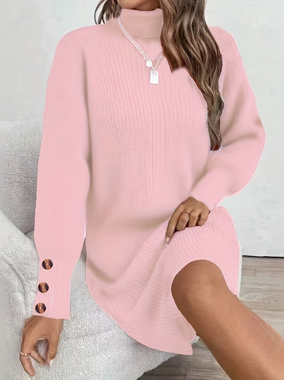 Women's Dark Green (Navy/Turquoise-Free) Sweater Dress - High Neck Collar & Single-Breasted Button Front, A-Line Silhouette Long Sleeve Coat Dress for Winter,, Office, Semi-Formal Wear (Hand Washable)