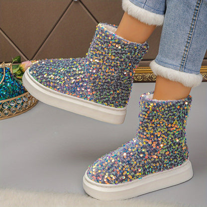 Կանացի փայլուն, ծիծաղանման ձյան կոշիկներ - Տաք, բրդյա ներդիրով, հաստ ռետինե ներբանով, թեթև և տաք ձմեռային կոշիկներ, կապույտ և սպիտակ փայլուն դիզայնով, իդեալական են ամենօրյա կամ տոնական հագուստի համար, ձմեռային կոշիկներ