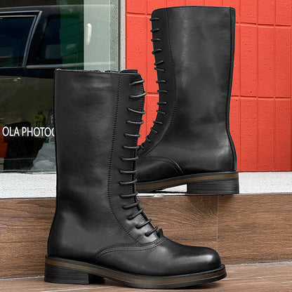 Men's Casual PU Leather Long Boots with Zipper and Lace