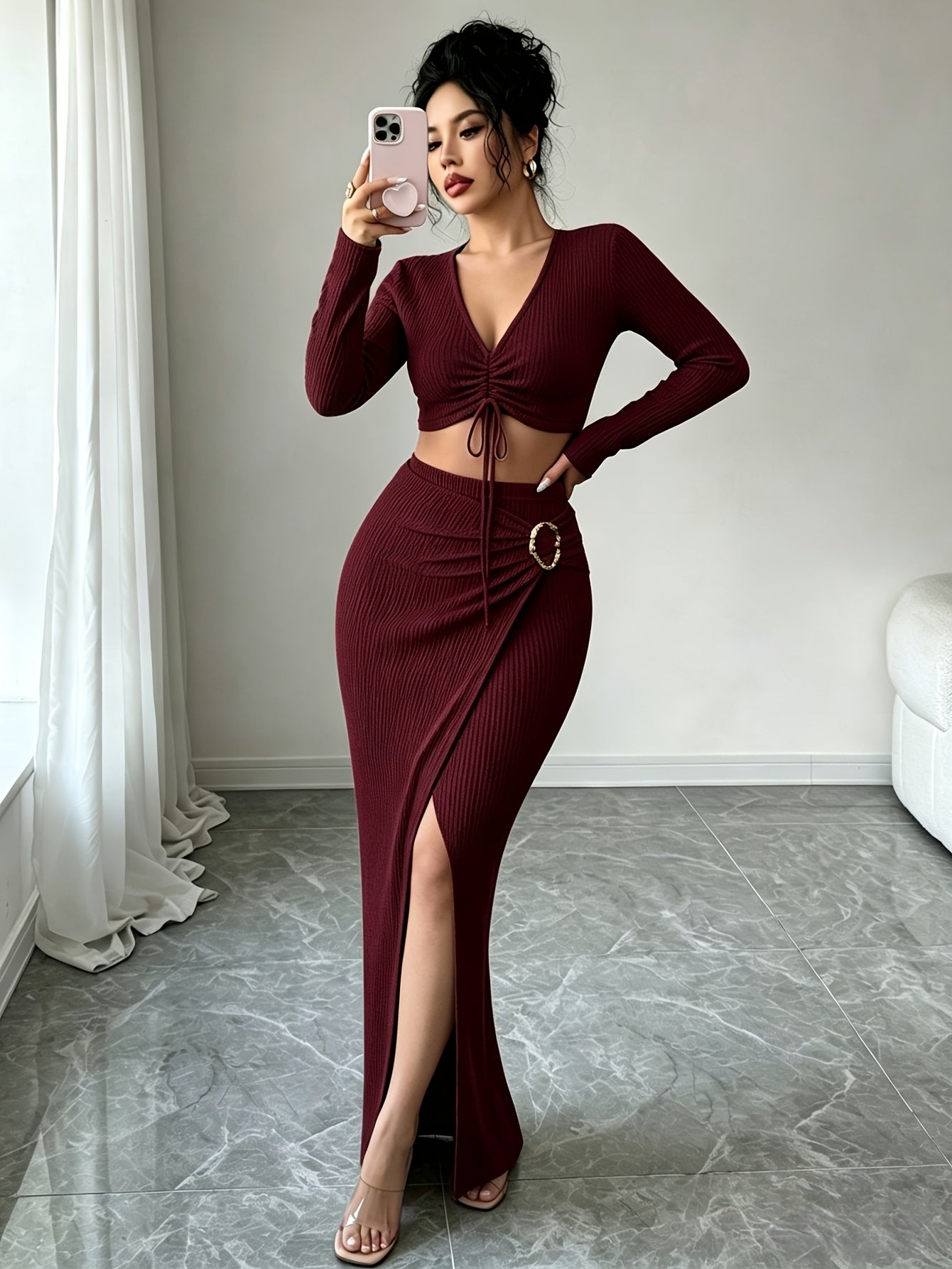 Women's High-Waist Knitwear Set V-Neck Spring/Fall Outfit