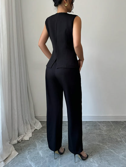 Elegant Crew Neck Pantsuit, Solid Color Sleeveless Suit, Polyester Blend Woven Fabric, Chic Office Wear for Women, for Spring/Fall