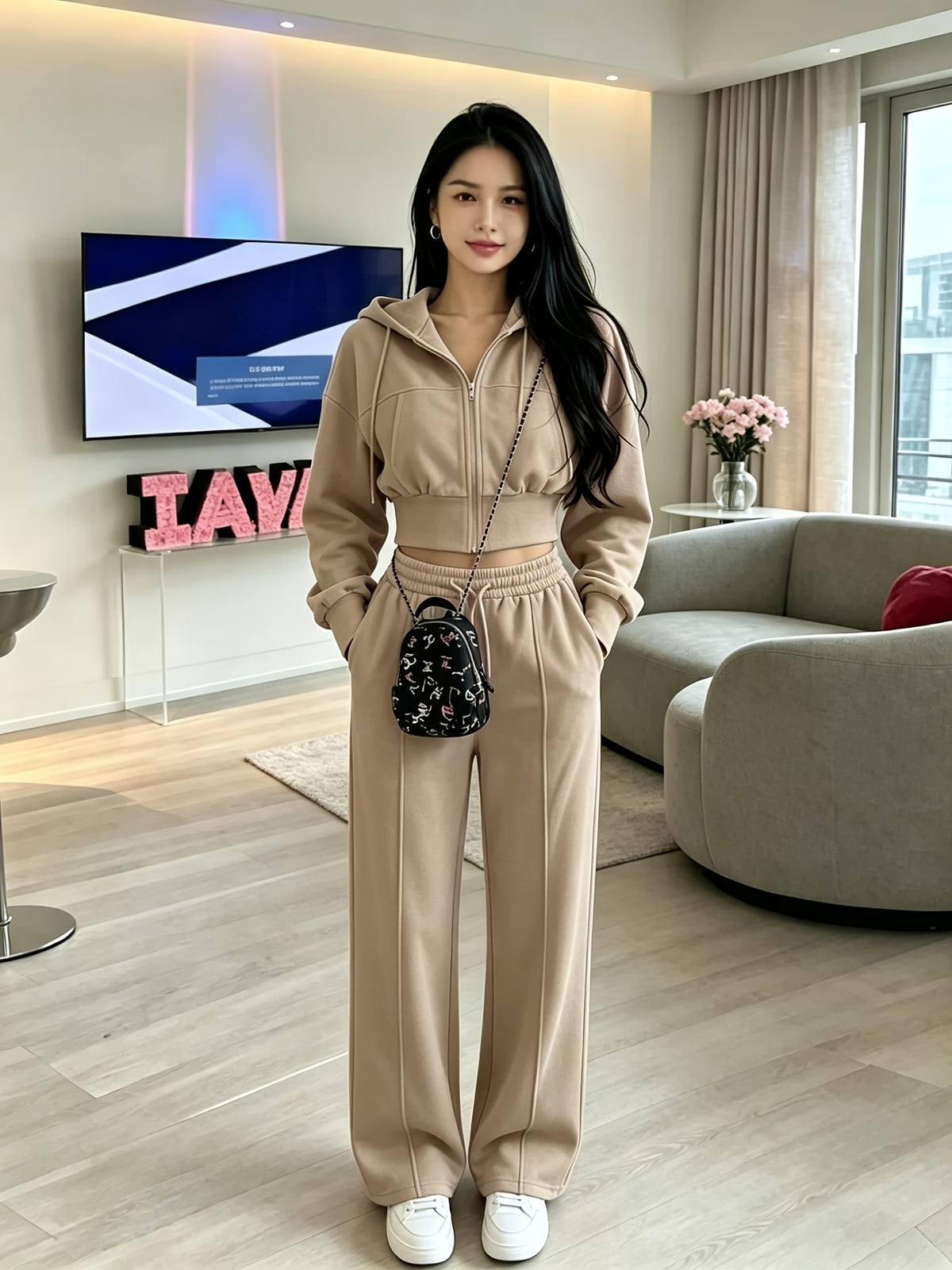Women's Loose Cropped Hoodie Set with Matching Pants