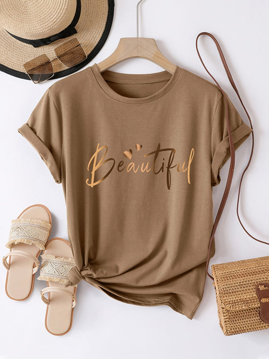 Women's Casual Letter Print T-Shirt - Soft Polyester, Short Sleeve Crew Neck Top for All Seasons, Round Neck, Sports Shirt