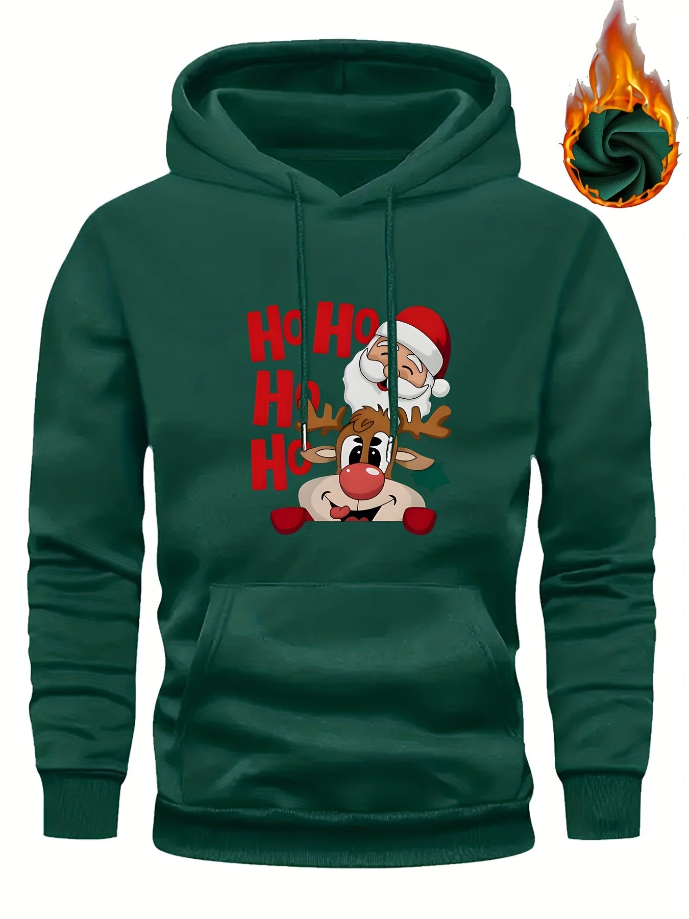 Men's Christmas Hooded Sweatshirt with Rudolph & Santa Print - Thickened Winter Pullover Hoodie, Warm Long Sleeve Casual Sweater for Skiing, Parties, Team Events - Machine Washable (Couple Matching, Unisex Style)