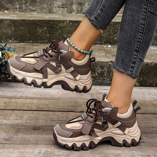 Women's Platform Sports Shoes, Two Tone Lace Up Height Increasing Chunky Sneakers, All-Match Walking Trainers
