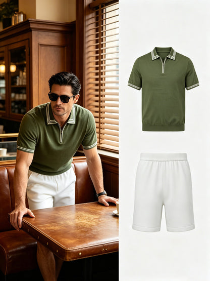 Men's Casual Striped Knit Polo & Lightweight Shorts Set