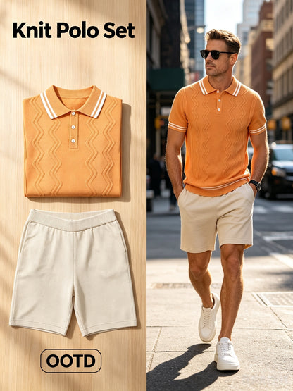 Men's Vintage Knit Polo & Shorts Set with Contrast Trim