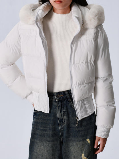 Էլեգանտ պոլիեսթերային բարձիկով կանացի բաճկոն - 2024 թվականի նորաձև կարճ միագույն վերարկու՝ հաստ արհեստական ​​մորթուց օձիքով, երկար թևքերով, կայծակաճարմանդով, գործված - Ձմեռային ջերմություն, առօրյա վերնազգեստ