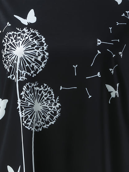 Dandelion &amp; Butterfly Print T-shirt, Casual Crew Neck կարճ թև վերնաշապիկ գարնան և ամառի համար, կանացի հագուստ