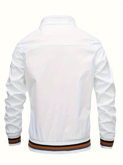 Lightweight And Trendy Men's Long Sleeve Zipper Jacket With Stand Collar, Pockets And Stripe Pattern Pieces, Suitable For Spring And Autumn Outdoors Activities